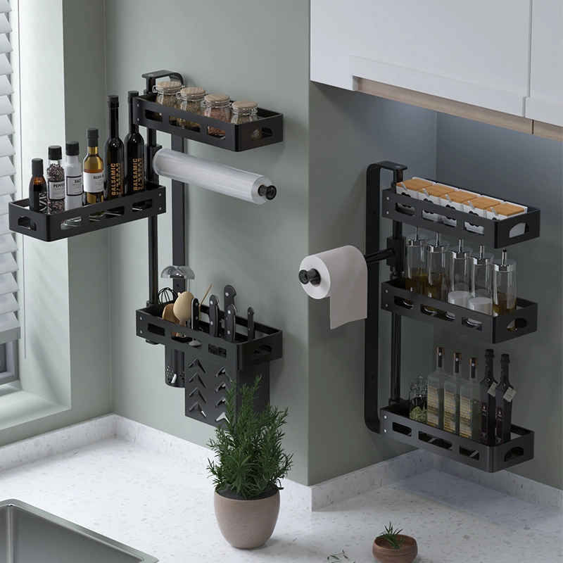 Kitchen Storage Wall Mount Adjustable Spice Rack Rotate Organizer Jars Holder Dish Rack