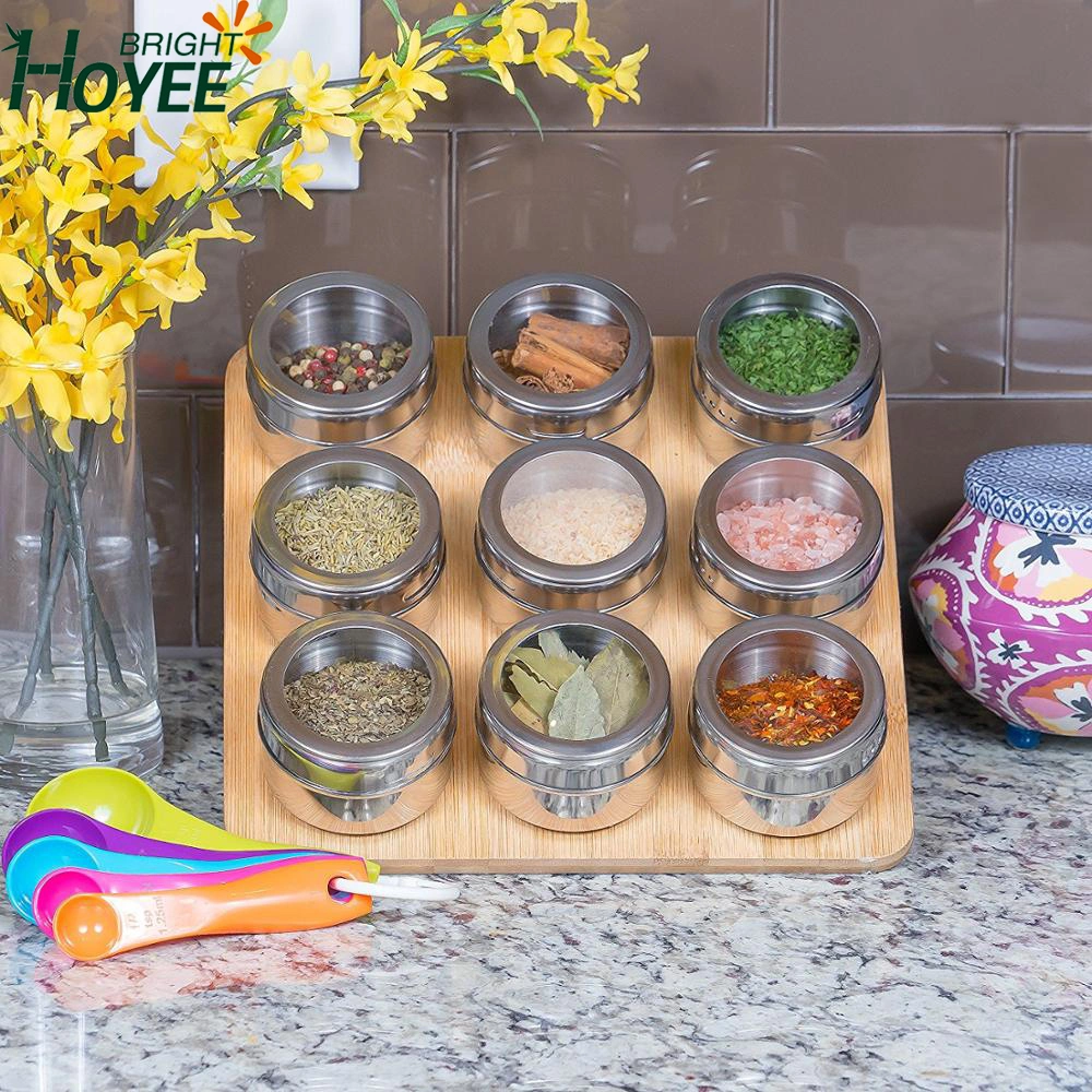 Wall Mounted Spice Storage Tins Stand Magnetic Spice Rack Bamboo