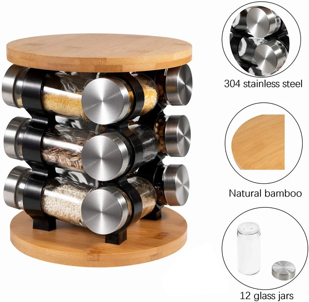 12 Jars Revolving Countertop Spice Organizer Tower Spice Carousel Stand Holder Spice Rack Bamboo Top Glass Jars for Kitchen