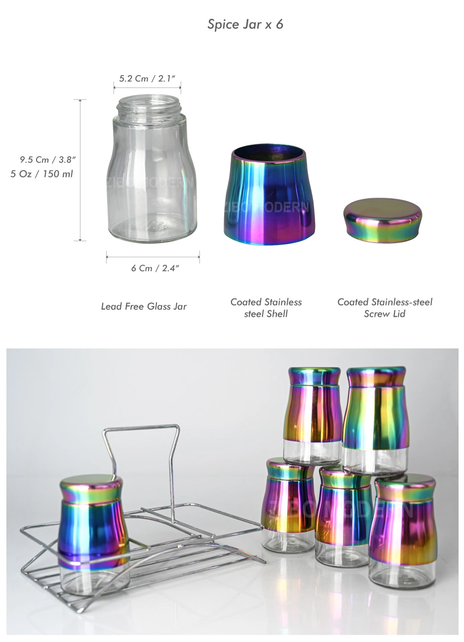 Rainbow Color Glass and Stainless-Steel Spice Storage / Jar Rack Countertop Herb Organization for Home &amp; Kitchen Set of 6